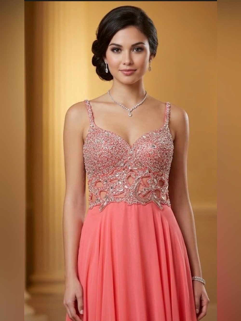BNWT Sarah Bridal Embellished Cutout Chiffon Gown Coral Size 10